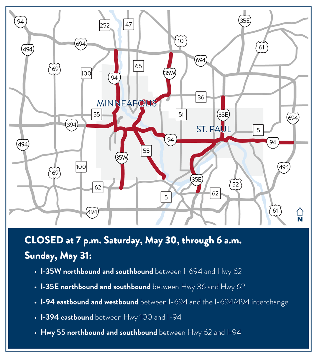 Twin cities Highway closures  in effect beginning at 7PM tonight:  • I-35W north/south between I-694 & Hwy 62 • I-35E north/south between Hwy 36 & Hwy 62 • I-94 east/west between I-694 & the I-694/I-494 interchange • I-394 east between Hwy 100 & I-94 • Hwy 55 north/south between Hwy 62 & I-94