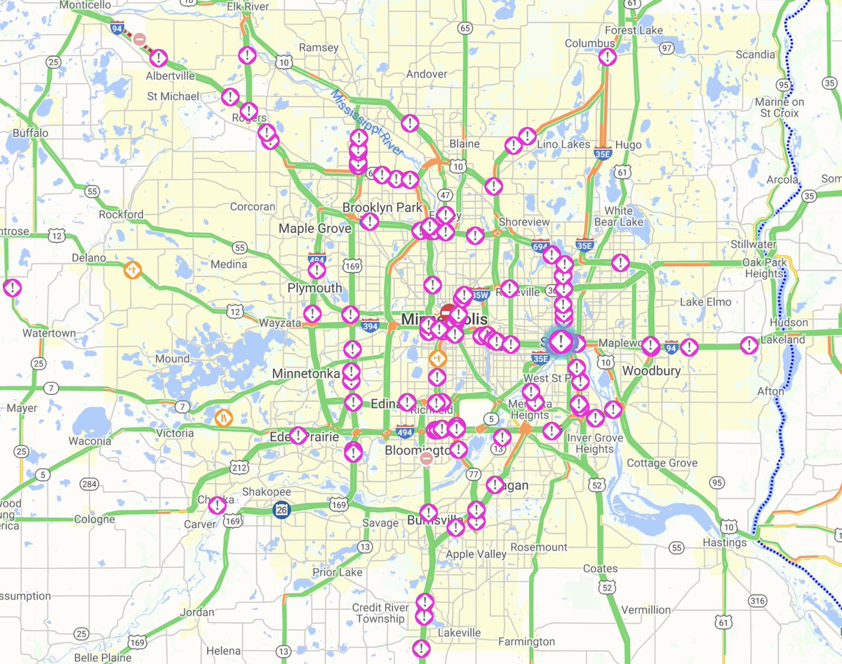 SAINT PAUL: Multi-vehicle spinout on the ramp to eastbound I-94 from southbound I-35E. Unknown if there are injuries. Traffic is blocked. - Our light snow earlier is causing dozens of spinouts and crashes throughout the metro. Take it slow if you're on the roads tonight