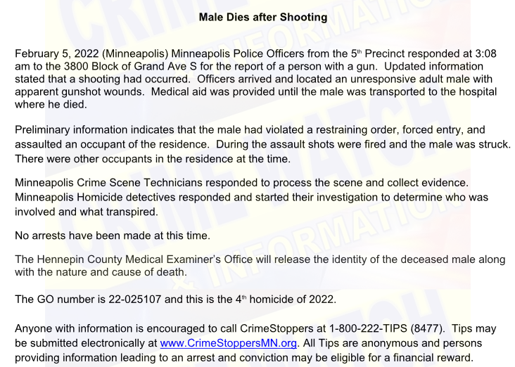 The shooting we reported about this morning at 38xx Grand Ave S is now a confirmed homicide. An adult male died.  -  The suspect was named, so we'll be tracking developments.