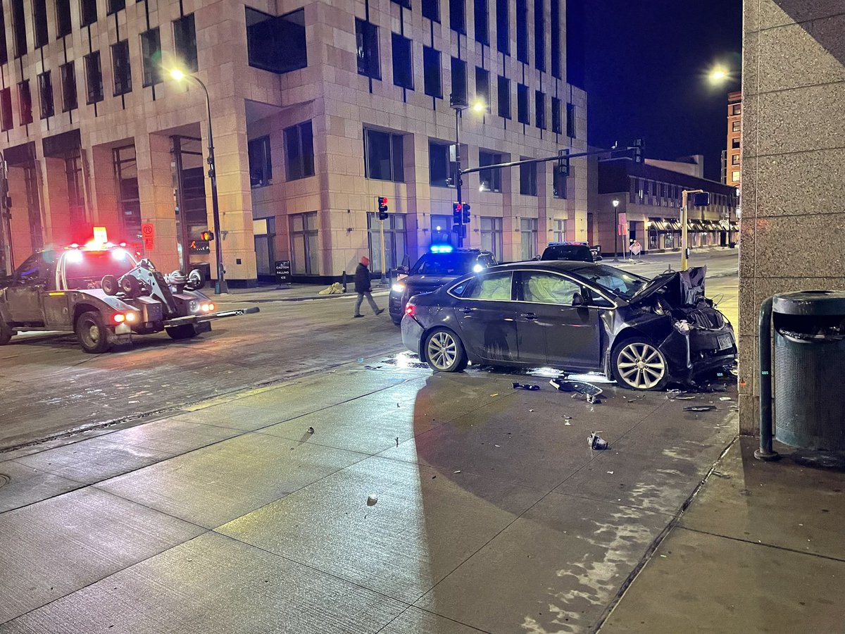 Minneapolis Police investigating after a vehicle struck the old Dayton's Parking Ramp, Downtown. No word yet on seriousness of injuries but airbags were deployed and debris litters the sidewalk. No visible damage to the building