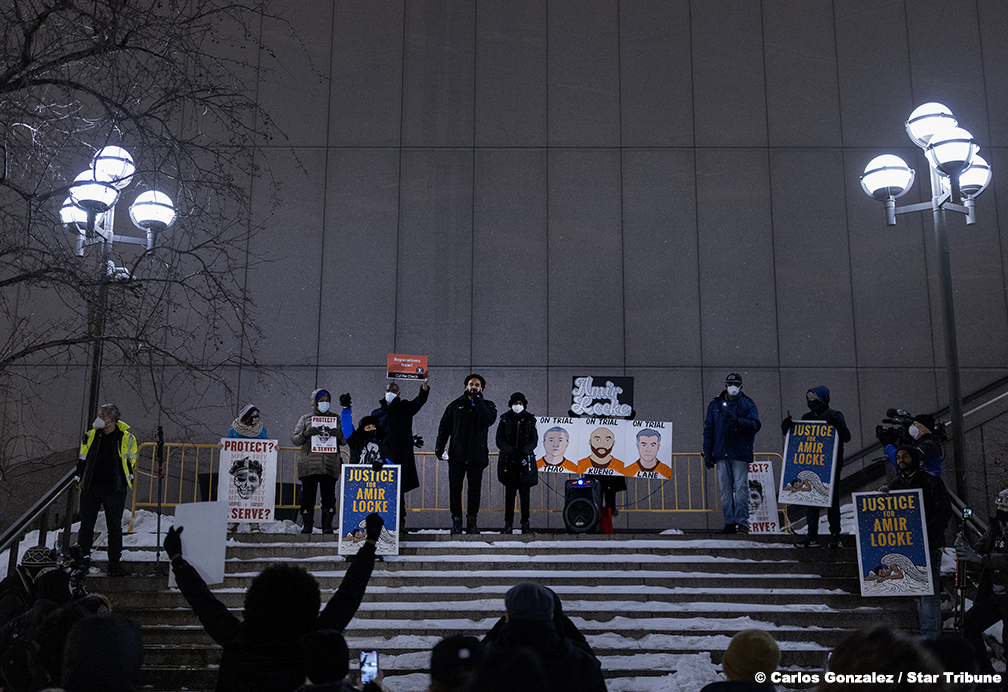 Hundreds gather for National Solidarity Justice for Amir Locke rally Tuesday, Feb. 8, in Minneapolis. Organizers demanding the resignation of MPD interim chief Amelia Huffman