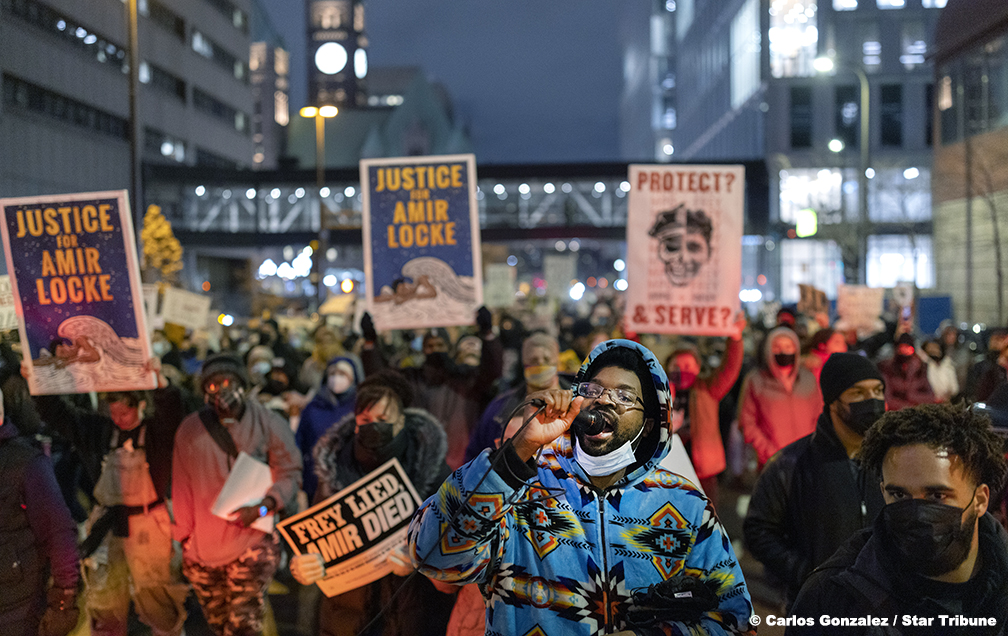 Hundreds gather for National Solidarity Justice for Amir Locke rally Tuesday, Feb. 8, in Minneapolis. Organizers demanding the resignation of MPD interim chief Amelia Huffman