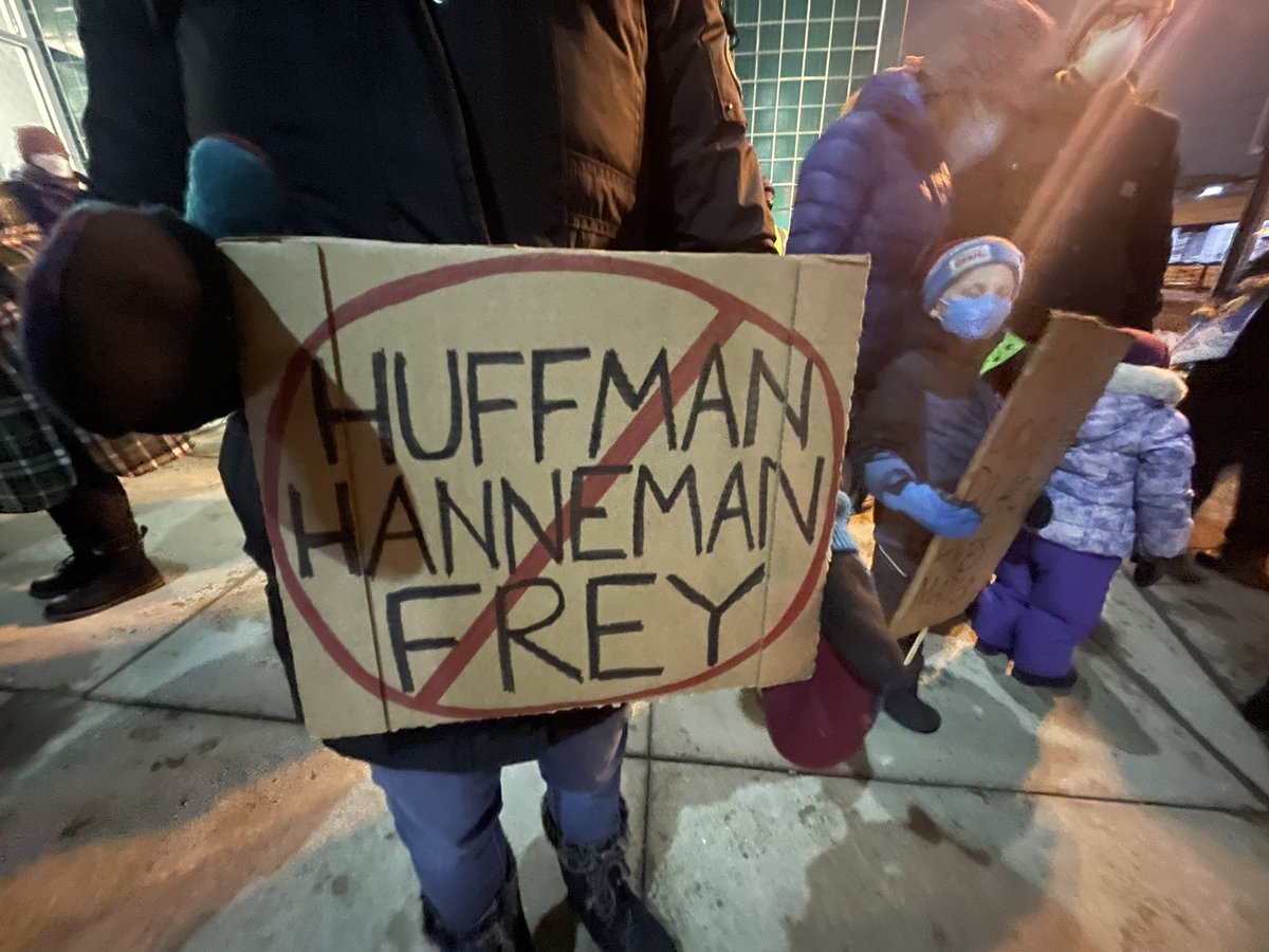 over 100 demonstrators are gathered outside of Minnesota POST Board in Saint Paul demanding they revoke Mark Hanneman's Peace Officer license. They're also calling for a state-wide ban on no-knock warrants