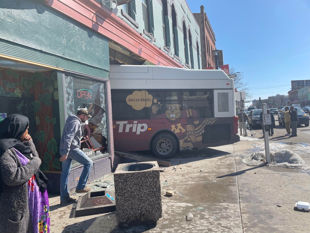 MINNEAPOLIS: A bus careened into the Acadia restaurant and music venue shortly before 12:30 p.m. today on the 300 block of Cedar Ave. - There were no injuries reported from inside the business nor on the GopherTrip bus.