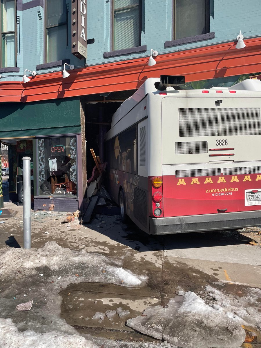 MINNEAPOLIS: A bus careened into the Acadia restaurant and music venue shortly before 12:30 p.m. today on the 300 block of Cedar Ave. - There were no injuries reported from inside the business nor on the GopherTrip bus. 