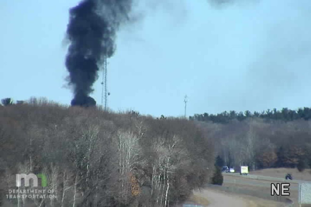 A reported camper fire on southbound I-35, northeast of Viking Blvd., is sending a large plume of black smoke into the air. Crews are responding; expect traffic backups in the area