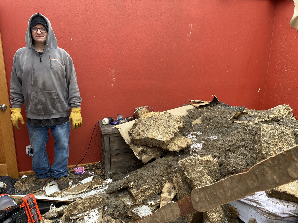 Terry Voight bought his home just a year ago. He grew up here and moving back was a dream. He and his dog, Ripper, sheltered on the floor of his room. Not much if left but a porcelain creamer belonging to his mom survived