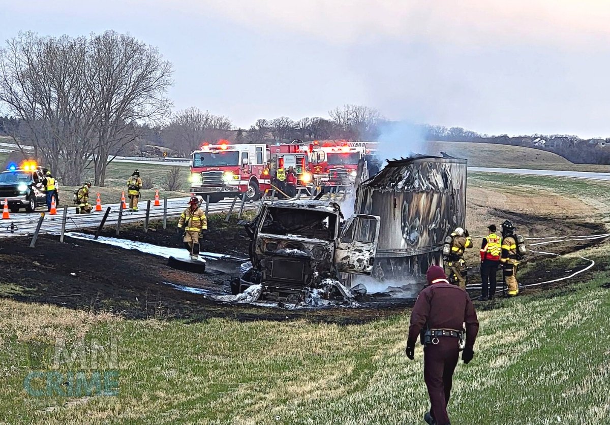 Crews are on scene of a truck fire, now extinguished, off southbound Hwy. 52 near 50th Ave. SE. - There were no injuries reported, though the truck appears to be a total loss. - Expect traffic delays in the area as the wreckage is cleared