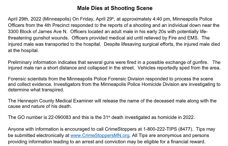 MPD confirms the shooting near the 3300 block of James Ave. N. was fatal, with the male victim in his early 20s dying at the hospital. It's the 31st homicide in Minneapolis so far this year and the third in less than 24 hours