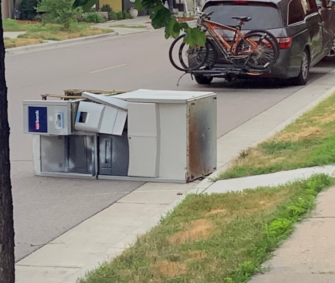 A stolen ATM was discarded overnight near 34th Av S and E 50th St.  There were several business burglaries overnight. Unknown if they're all related