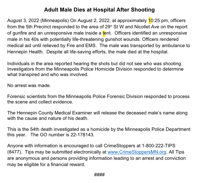 Confirmed fatal. Homicide number 54 for Mpls