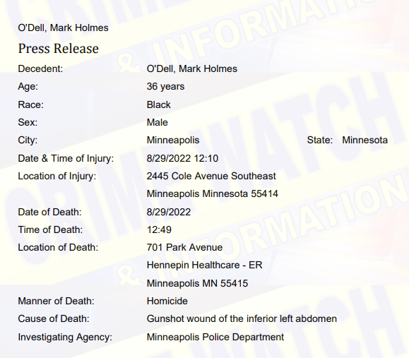 The decedent in Monday's shooting homicide at 24xx Cole Ave SE has been ID'd as Mark Holmes O'Dell, 36.  The suspect is in custody and has been charged with 2nd degree manslaughter