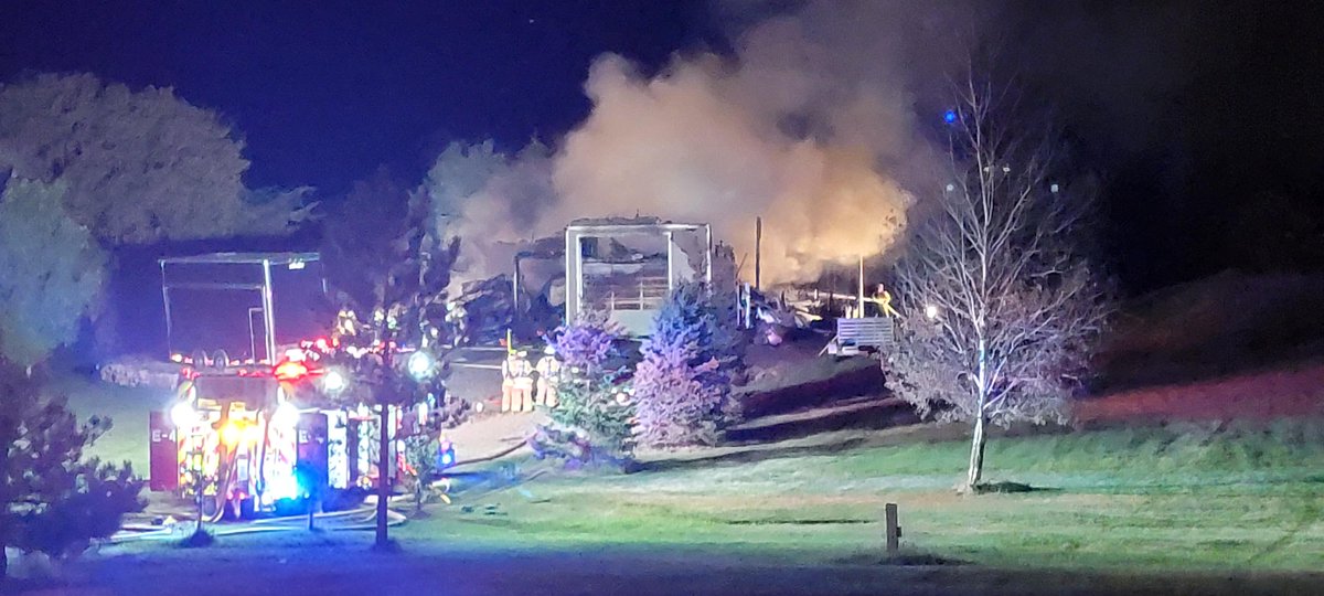 SHAKOPEE: Fire crews are still on scene of this 2-alarm fire at a pole barn/detached garage on Steve Dr., southeast of the area of Hwy. 169 & Chestnut Blvd. - No injuries reported, but an RV and skid-loader were said to be inside the structure, which looks to be a total loss