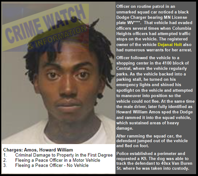 Howard William Amos, Jr., DOB: 07/20/2003 51xx Washington St NE, Columbia Hts CHARGED: Felony fleeing Felony 1st degree damage to property Misd fleeing  Already released on zero bail even though he has another open fleeing and weapons case. Judge Bethany A. Fountain Lindberg