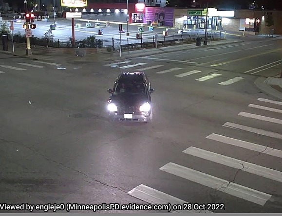 Minneapolis police seeking this vehicle, believed involved in a fatal hit-and-run on Oct. 16 about 2:48 a.m. at 26th & Lyndale Ave. - It's a 2010-2016 black Jeep Compass with front-left bumper damage below the headlight. These photos are from Broadway and Lyndale. 