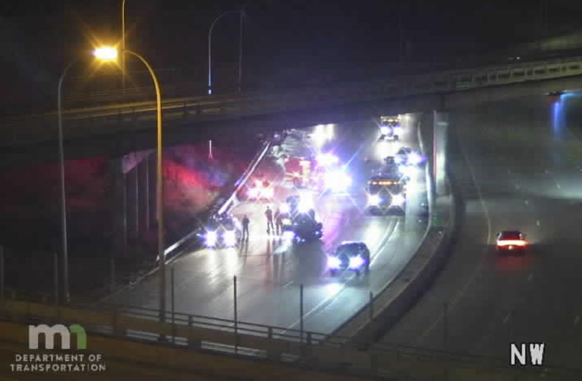 MINNEAPOLIS: Crews on scene of a rollover on southbound I-35W, north of Hennepin Ave. - Unknown injuries; traffic is getting by in one lane currently