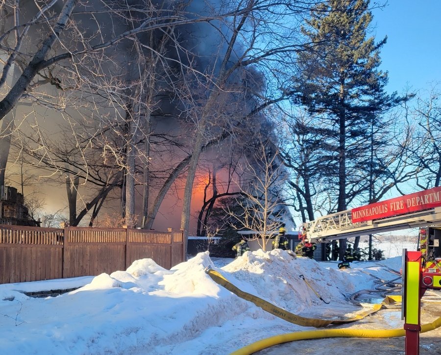MINNEAPOLIS: Fire crews on scene of a 2.5-story home on the 3400 block of East Bde Maka Ska Pkwy. - Firefighters reported heavy fire on the first floor and extending to the second floor when they arrived around 9 a.m. - 2 residents have been transported to the hospital for evals