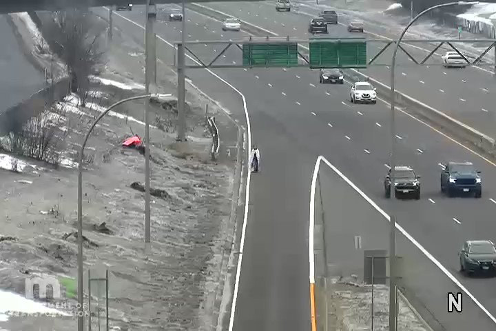 EDINA: Shortly before 9 a.m., Troopers were dispatched for a pedestrian wearing a cape or a blanket, walking on southbound Hwy. 100 near Benton Ave. - A Trooper caught up with the man, then radioed that he was fighting with one and backup was dispatched. MnDOT camera video