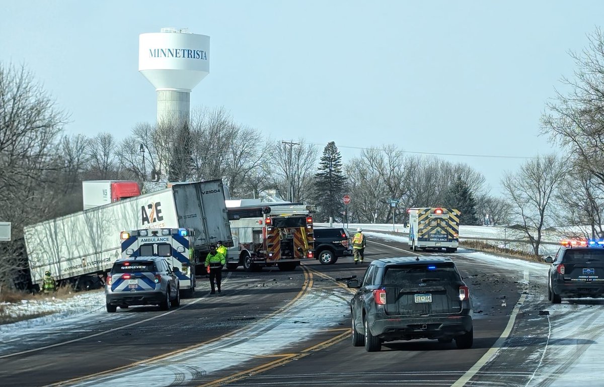MINNETRISTA: Crews are on scene of a crash involving a semi and passenger vehicle at Hwy. 7 and  Wildwood Ave., confirming two fatalities and one other person injured. One vehicle was reported to be pinned under the tractor-trailer, according to initial radio dispatches