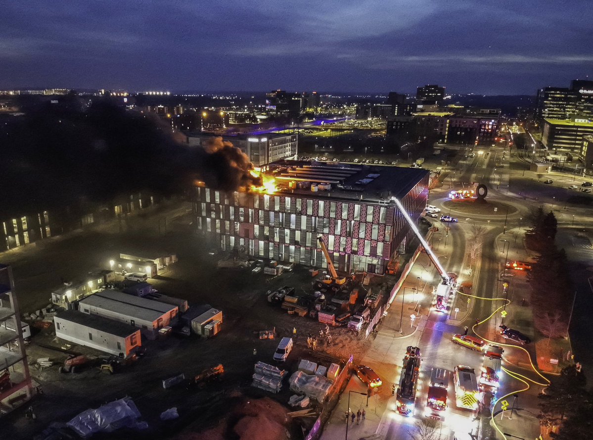 The 2nd alarm fire this morning involved construction materials on the roof of a building under construction. Mutual aid responded from Richfield FD, Airport FD, Burnsville FD and Edina FD. The cause is currently under investigation