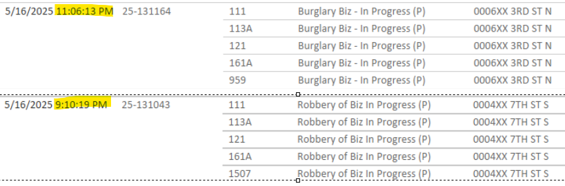 Downtown Minneapolis - Multiple squads dispatched on separate business robberies and burglaries Friday night.11:06 p.m., business burglary, 6xx N 3rd St, North Loop9:10 p.m., business robbery, 4xx S 7th StNo details or outcome due to encryption