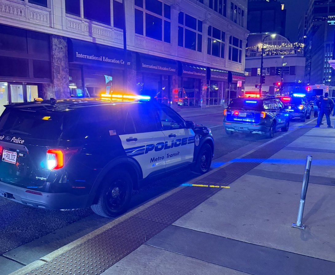 Downtown Minneapolis - multiple Metro Transit squads at 8th and Hennepin Ave on unruly parties. Police had been at the location on a narcotics incident when a separate disturbance broke out.