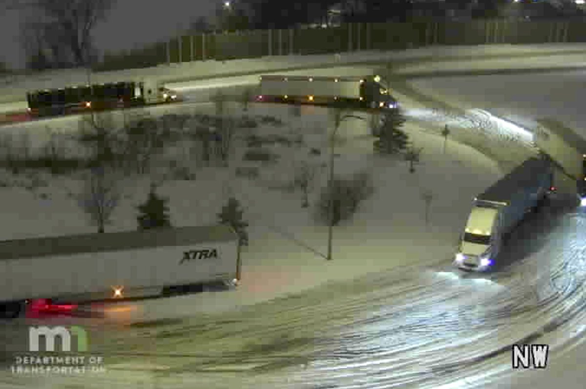 MINNEAPOLIS: Five semi-trucks are reportedly stuck on ice and snow at the ramp from northbound Lyndale Ave. to westbound Hwy. 62. There are no injuries reported but it's one of several crashes or spinouts reported around the metro this evening as a winter storm system passes