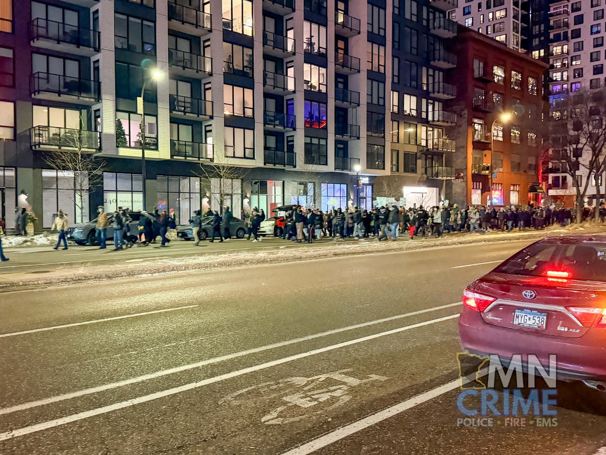 MINNEAPOLIS: Near S. 3rd St. & Park Ave. - A large anti-ICE protest remains underway with a sizable crowd gathered at the intersection and another group marching through downtown. Some traffic has been impacted, though no official road closures have been announced.