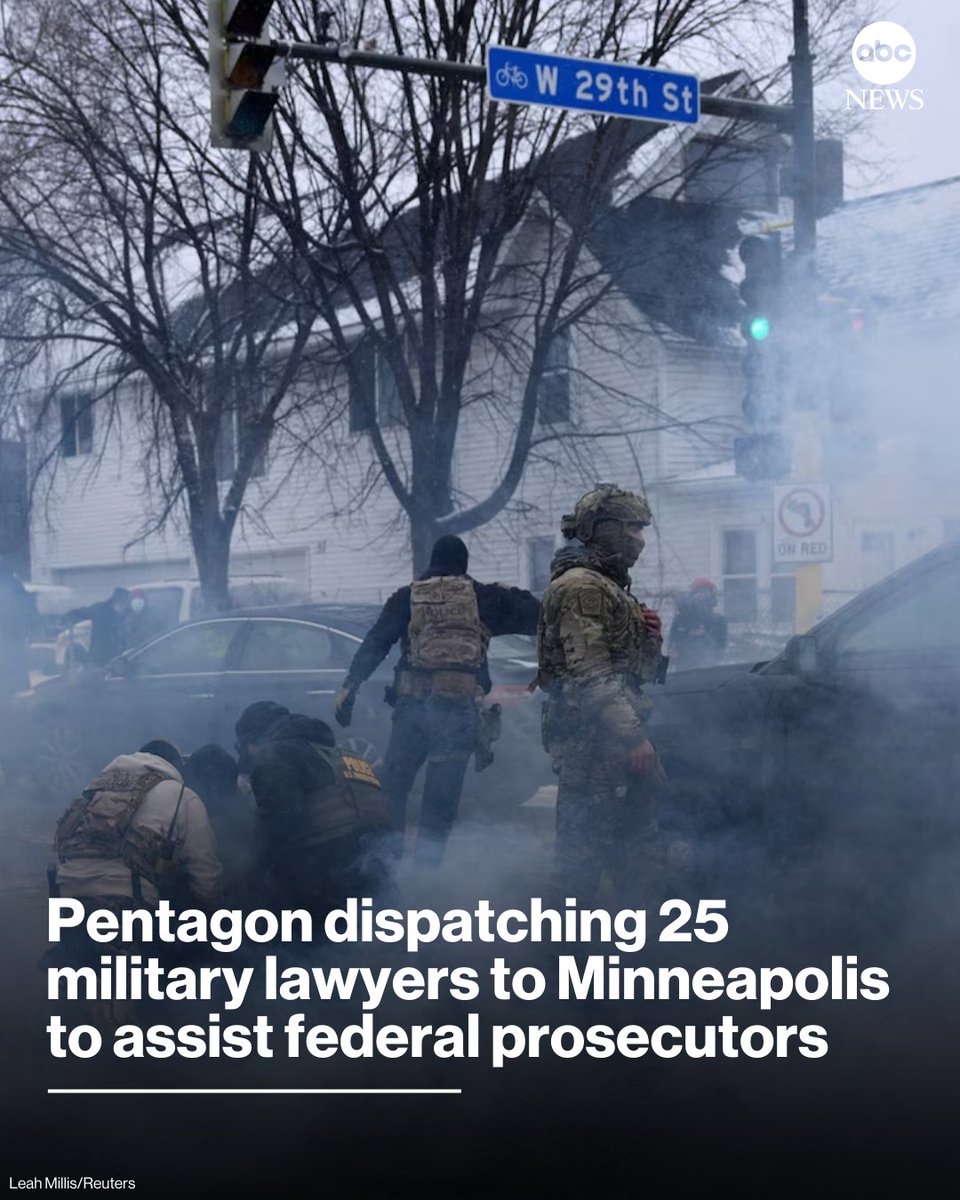 The Pentagon said it is dispatching at least 25 military lawyers to Minneapolis to assist federal prosecutors, the latest step in a broader push to place military attorneys in civilian courtrooms
