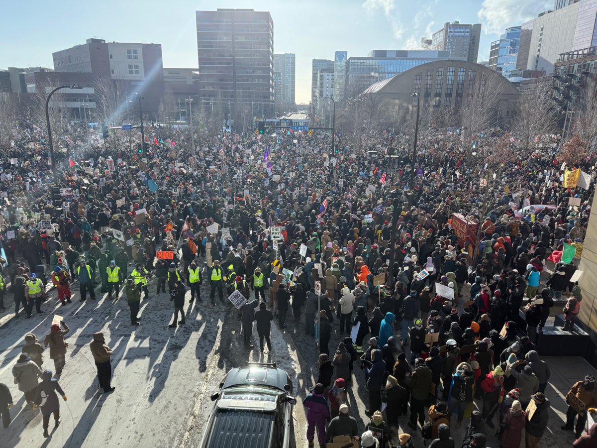 Downtown Minneapolis is packed for the anti-ICE rally and the crowd keeps growing
