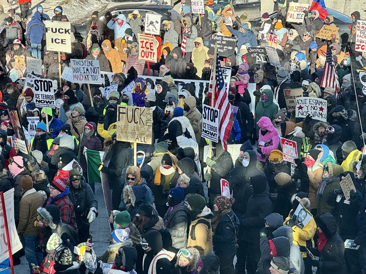 A massive crowd has converged at the Target Center downtown after a march from Commons Park, one of several “Day of Action” protests today in the metro. They’re calling for an end to the Immigration and Customs Enforcement surge, which has seen several thousand