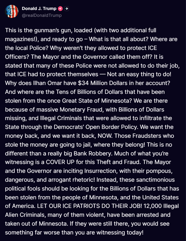 President Trump releases a statement on Truth Social after federal agents kill another person in Minneapolis